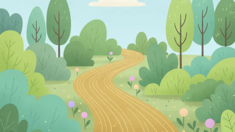 A clean, freshly raked pathway of golden-brown decomposed granite curving through a lush garden with green foliage.