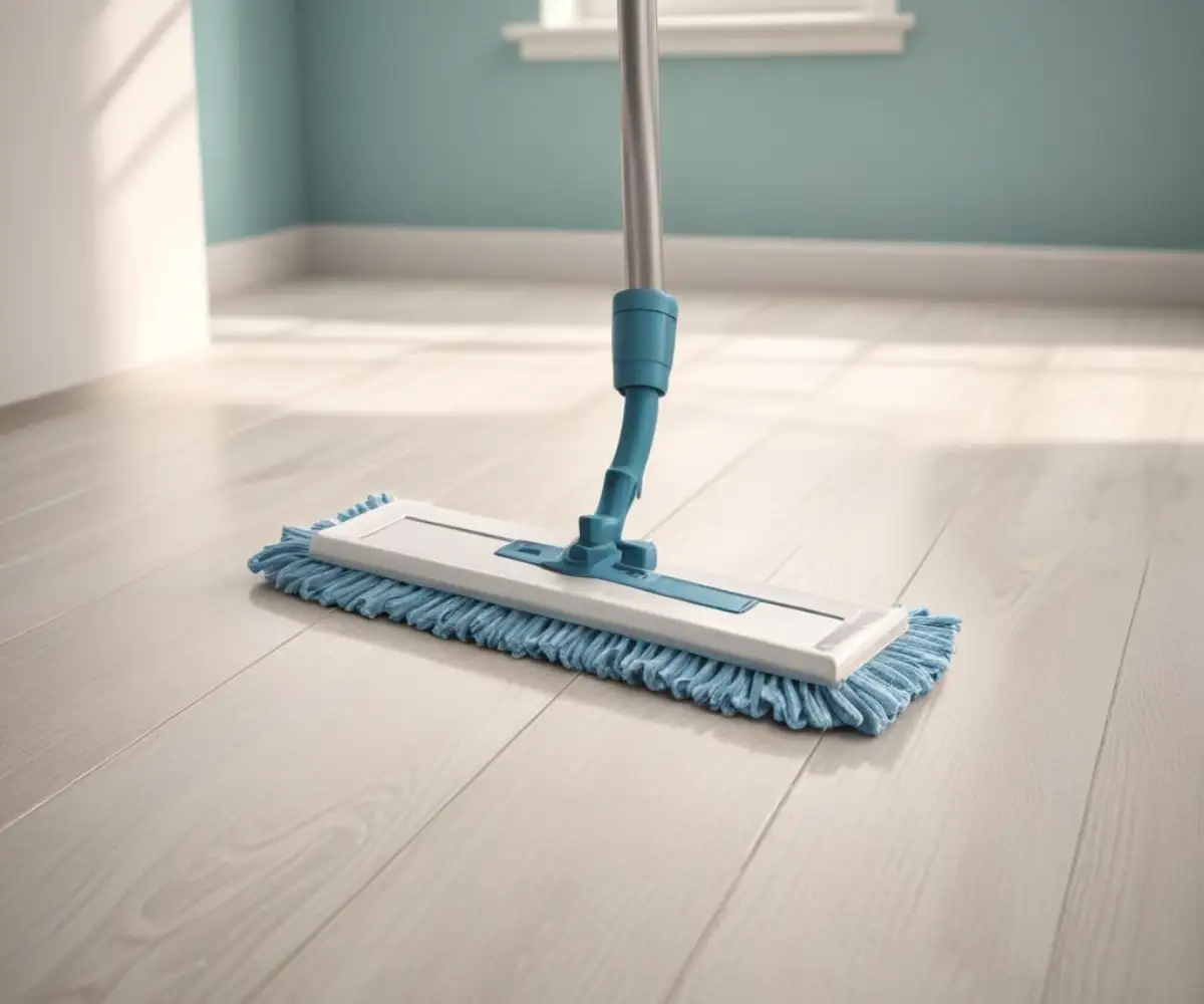 A microfiber mop cleaning fine white drywall dust from a textured vinyl plank floor.