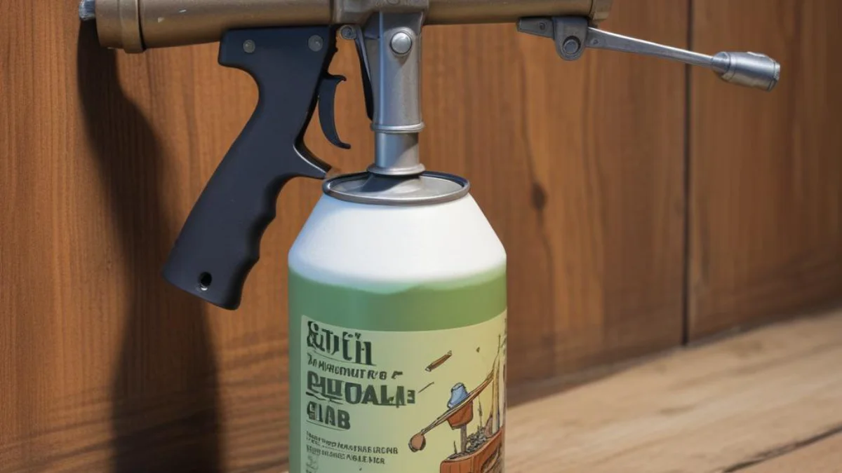 A professional foam applicator gun with a can of cleaning solvent attached to the nozzle.