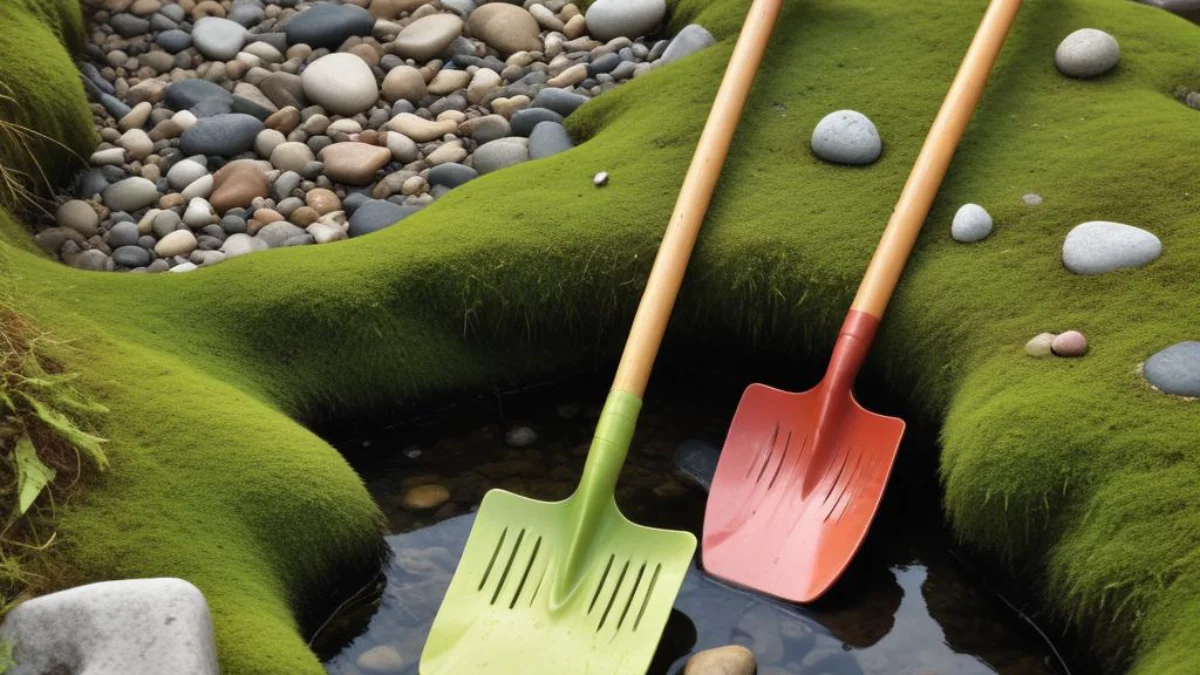 Shovel and rake resting on the mossy bank of a small, clear creek with smooth stones.