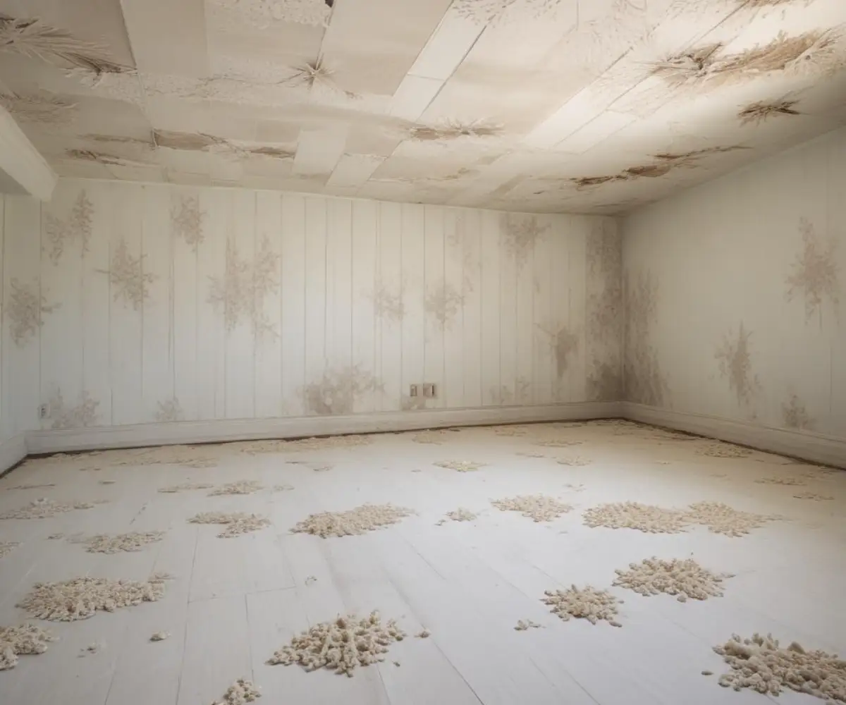 White textured debris and dust covering a floor after popcorn ceiling removal.