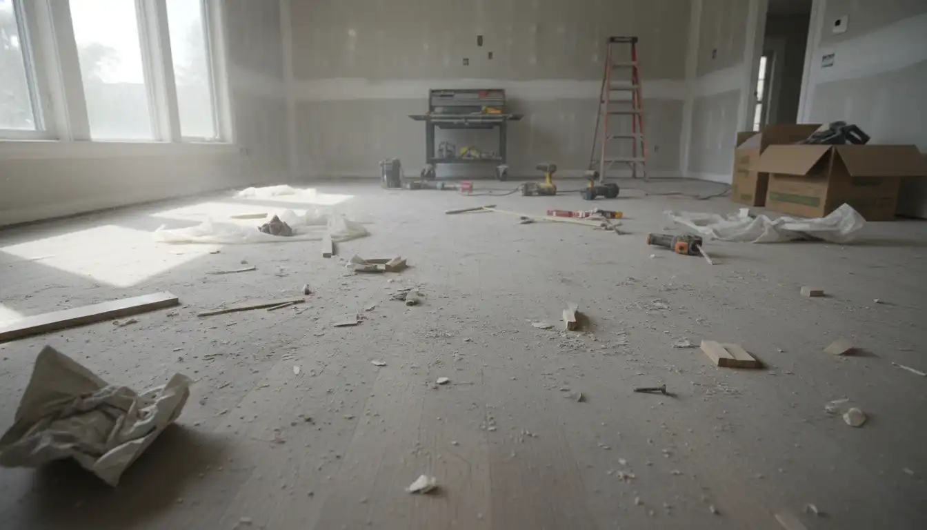 Newly installed hardwood floor covered in a layer of construction dust and debris.