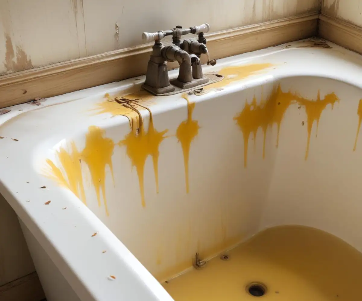 Close-up of discolored yellowed plastic jets in a white bathtub before cleaning.