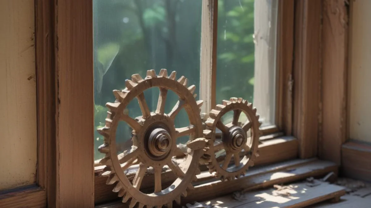 Broken casement window crank operator with exposed, stripped gears on the windowsill.