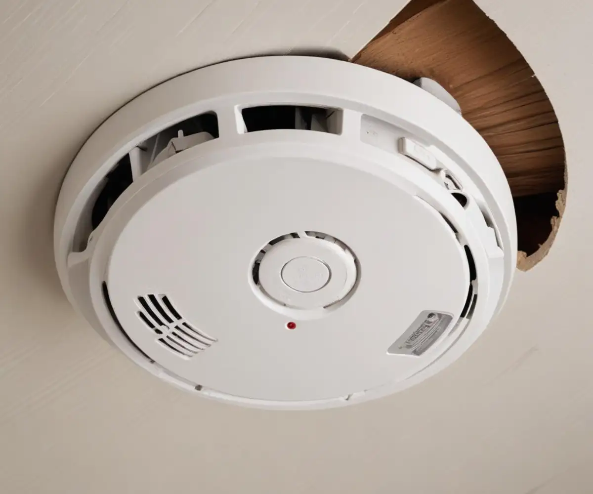 A white, round smoke detector with its battery compartment open, revealing the battery slots, mounted against a plain, flat ceiling.
