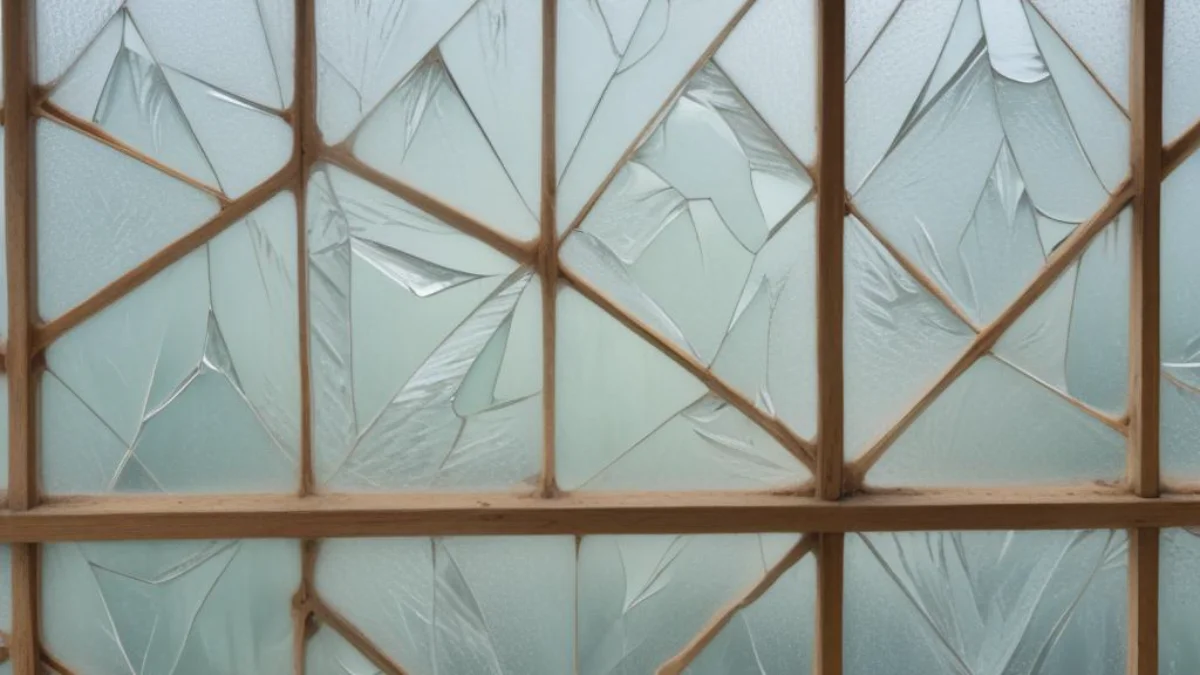 A close-up of a frosted window film with a geometric pattern applied to the inside of a pane of glass, obscuring the view while allowing light to filter through.