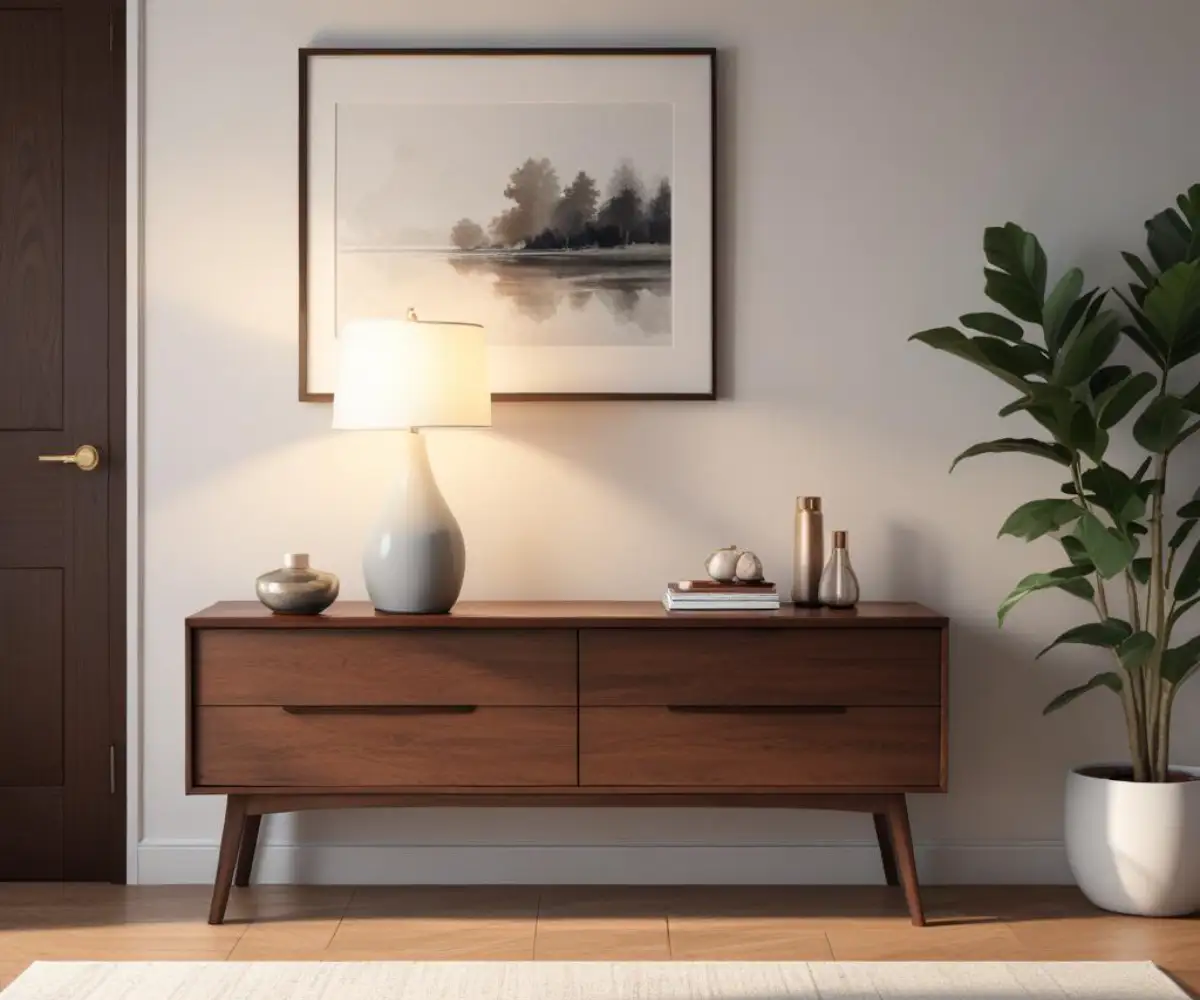 A narrow console table with a lamp filling the space between a dark wood dresser and a plain white wall.