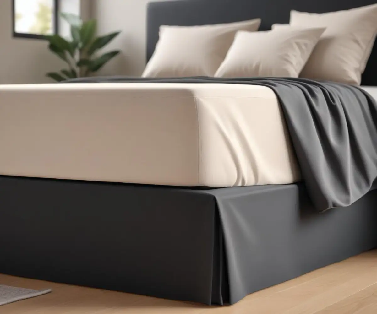 A close-up of a neatly fitted, neutral-toned fabric slipcover over the corner of a simple black metal bed frame.