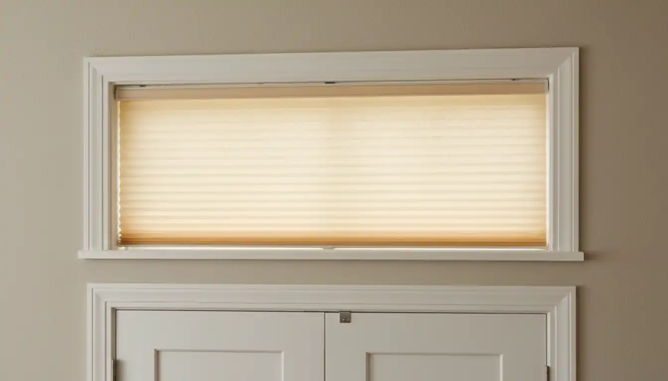 A custom-fit cellular shade covering a rectangular transom window above a bedroom door.