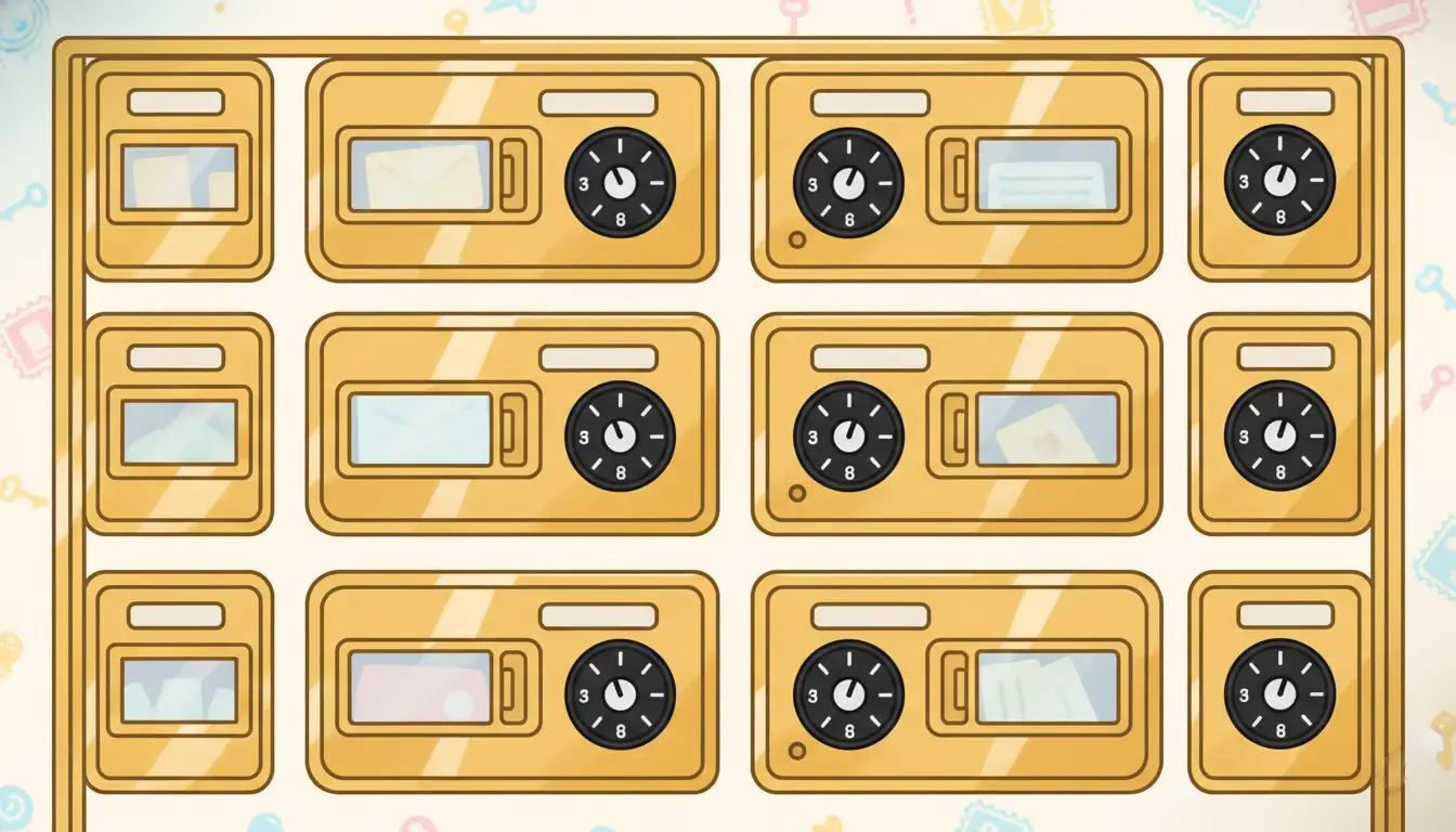 A wall of vintage brass post office box doors with black combination dials.