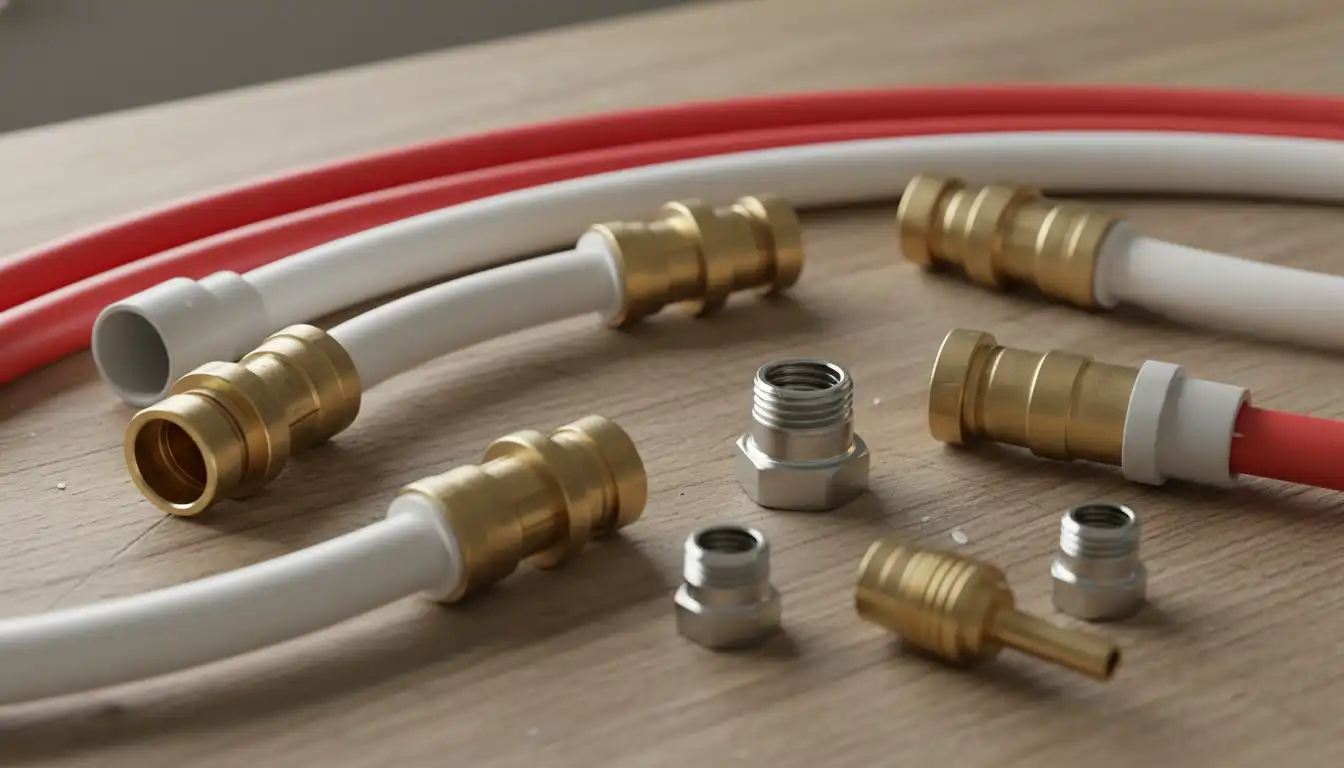 PEX pipe connections with various tool-free fittings like push-to-connect and compression fittings on a wooden surface.