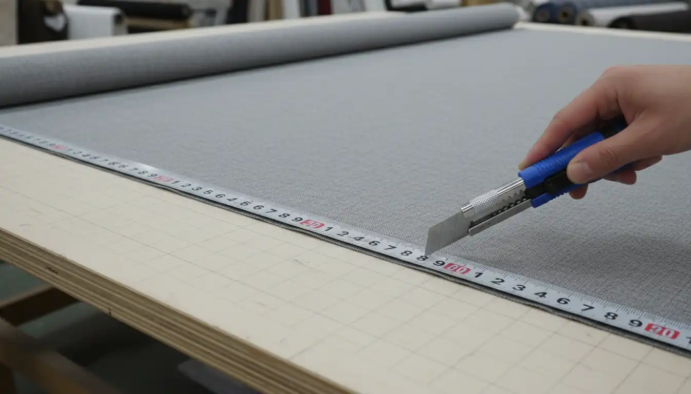 A fabric roller shade on a flat cutting surface with a metal measuring tape and a craft knife positioned for trimming.