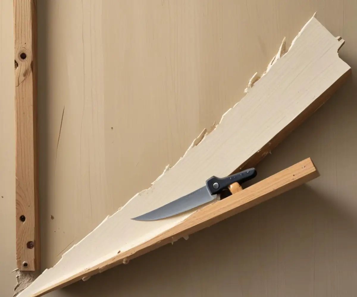A utility knife scoring a straight line down a sheet of drywall mounted on a wooden stud frame.