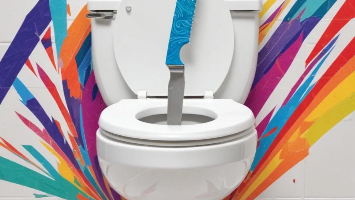 A utility knife scoring a white, serrated plastic toilet shim before snapping it off.