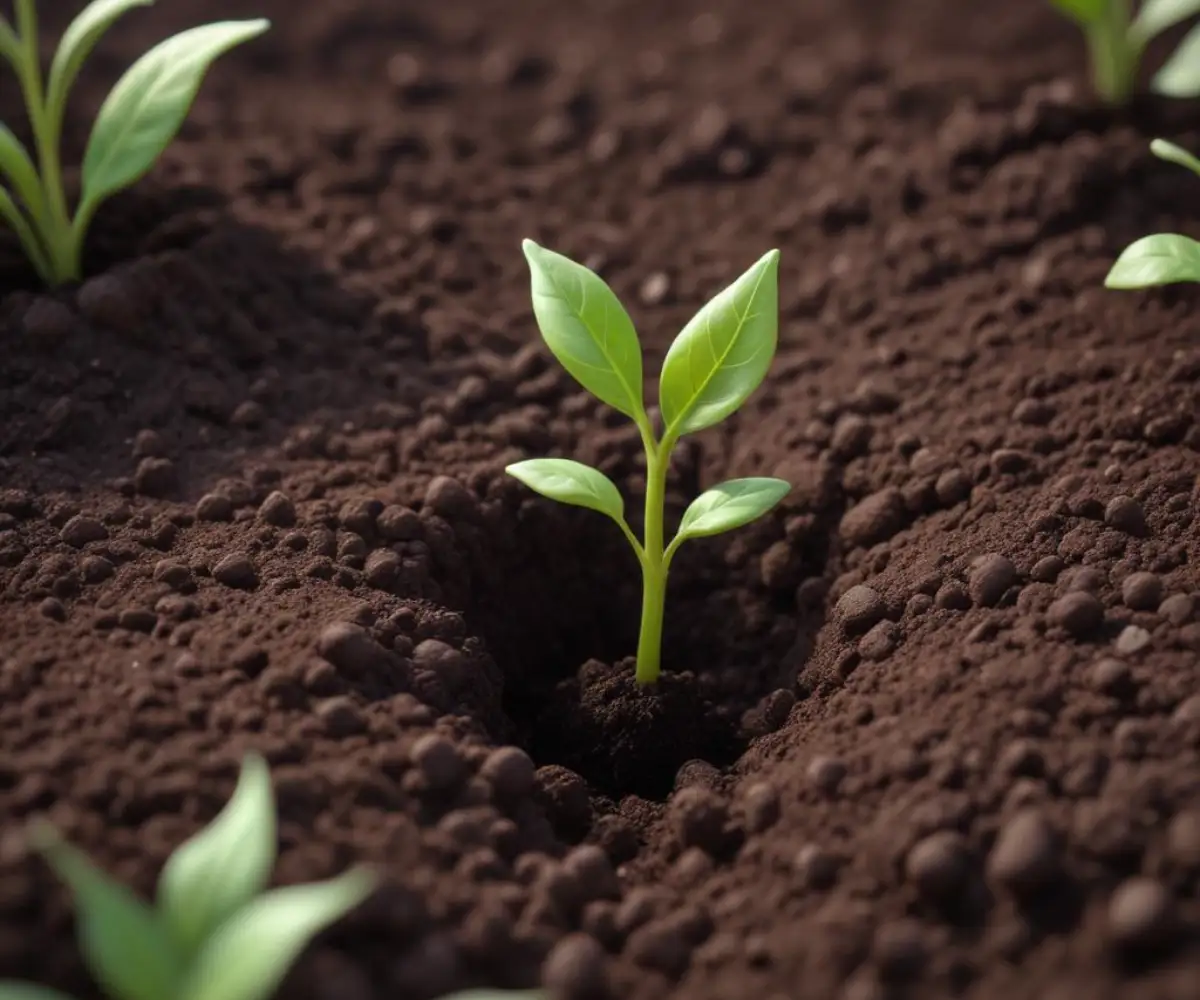 Close-up of rich, dark garden soil with a small green sprout emerging.