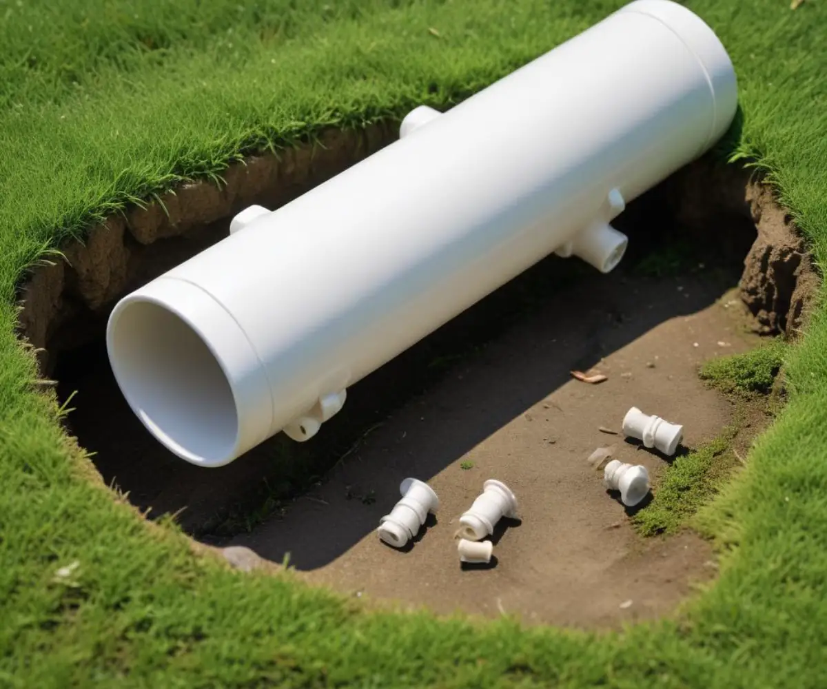 A white PVC pipe with a screw cap for a sewer cleanout access point, set in a green residential lawn.