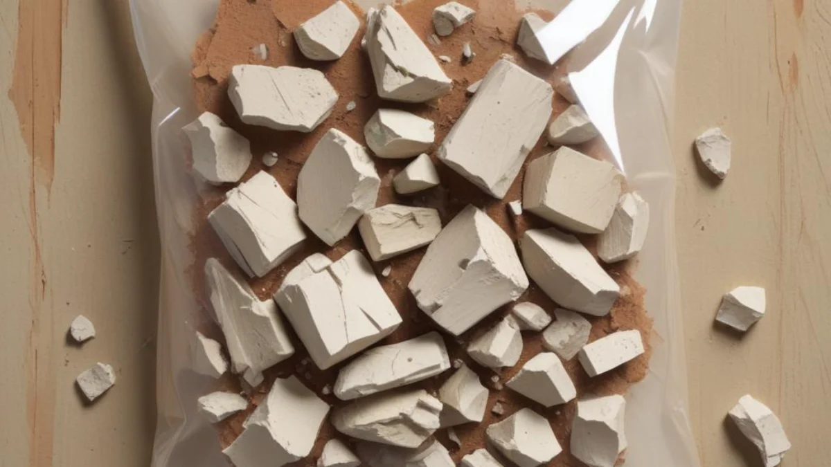 Broken chunks of plaster in a clear plastic disposal bag.