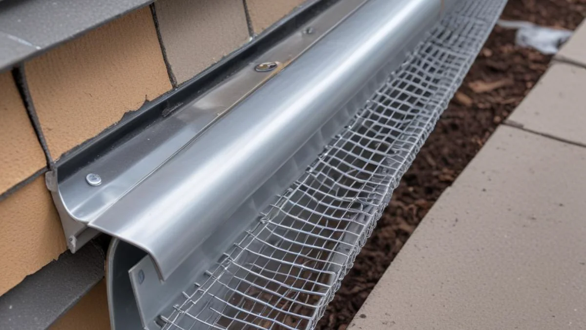 Wire mesh guard installed over a gutter downspout opening at ground level.