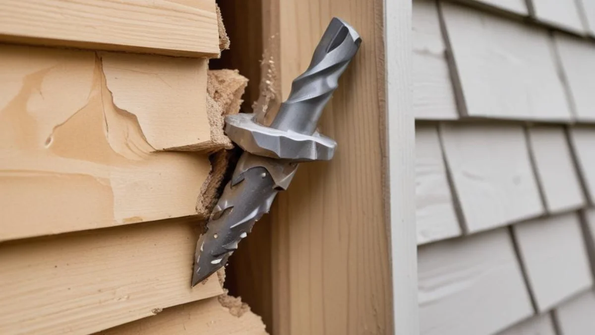 Drill bit emerging from the exterior siding of a house, having been drilled from the inside.