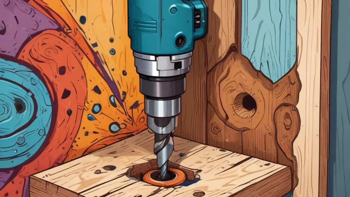 Right-angle drill attachment boring a hole in a tight corner between two wooden boards.