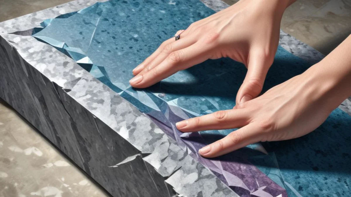 A diamond hand file smoothing the rough edge of a granite slab.