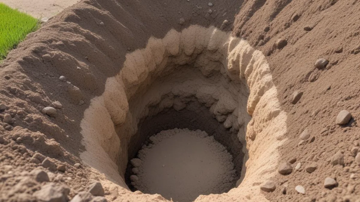 Layers of rock, gravel, and topsoil filling a deep erosion hole in a yard.