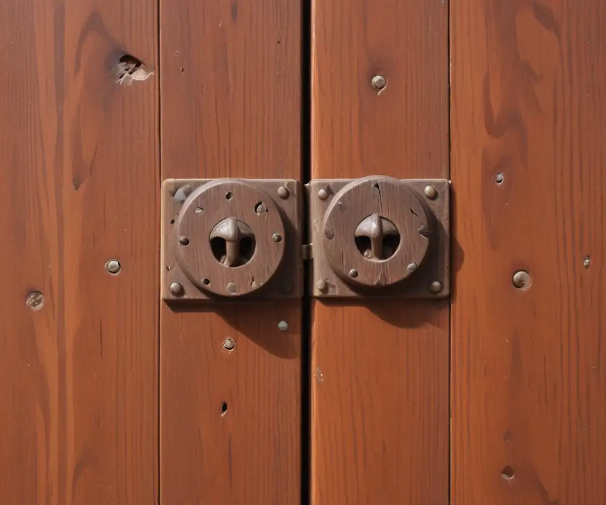 Close-up of a wooden cabinet door with cleanly filled and sanded screw holes where a hinge was previously mounted.