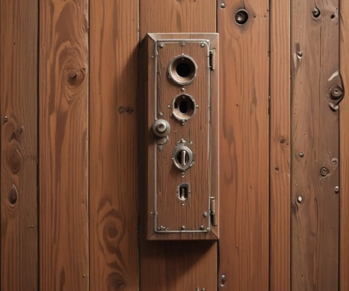 A magnetic stud finder placed on a vertical wood-paneled wall.