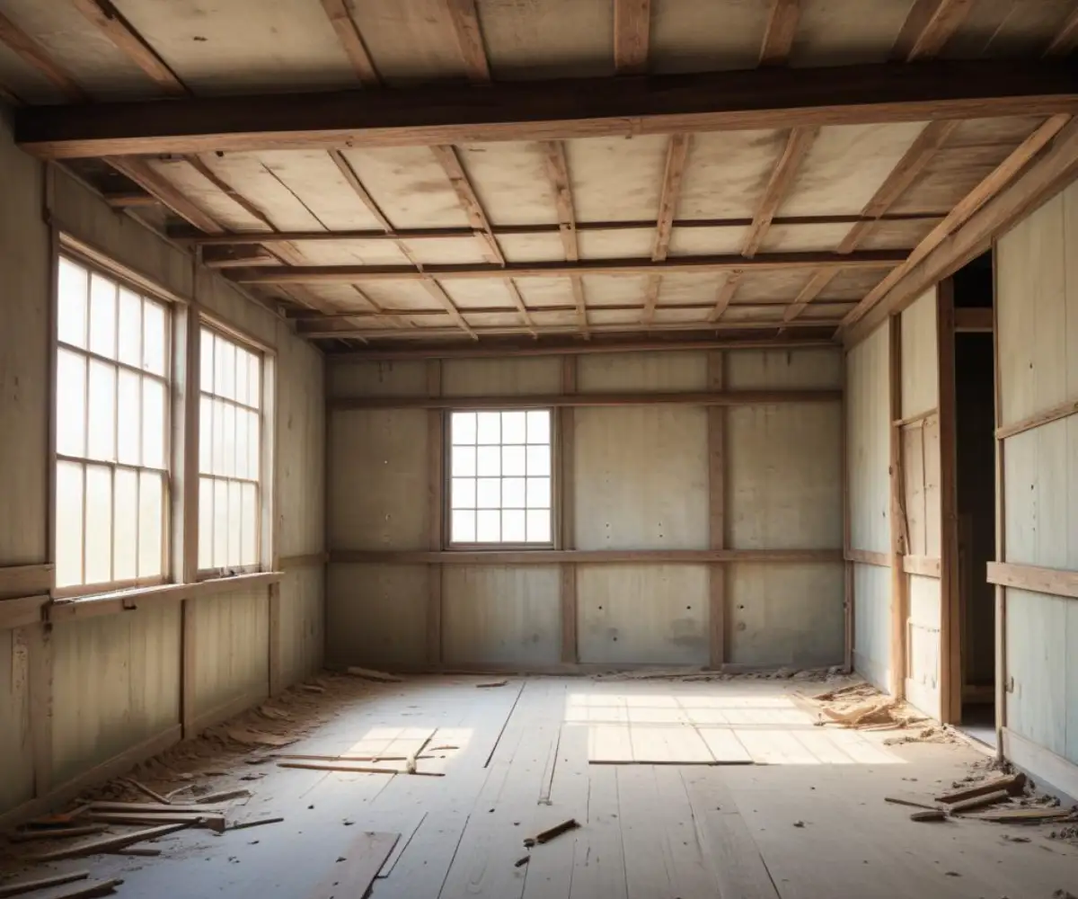An unfinished room with exposed wooden wall studs, visible ceiling joists, and a bare concrete floor.
