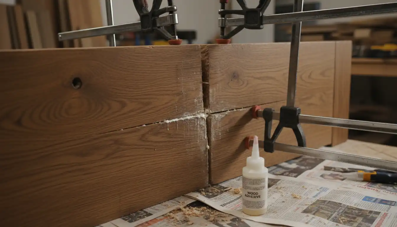 A cracked wooden bed headboard being repaired with wood glue and clamps.