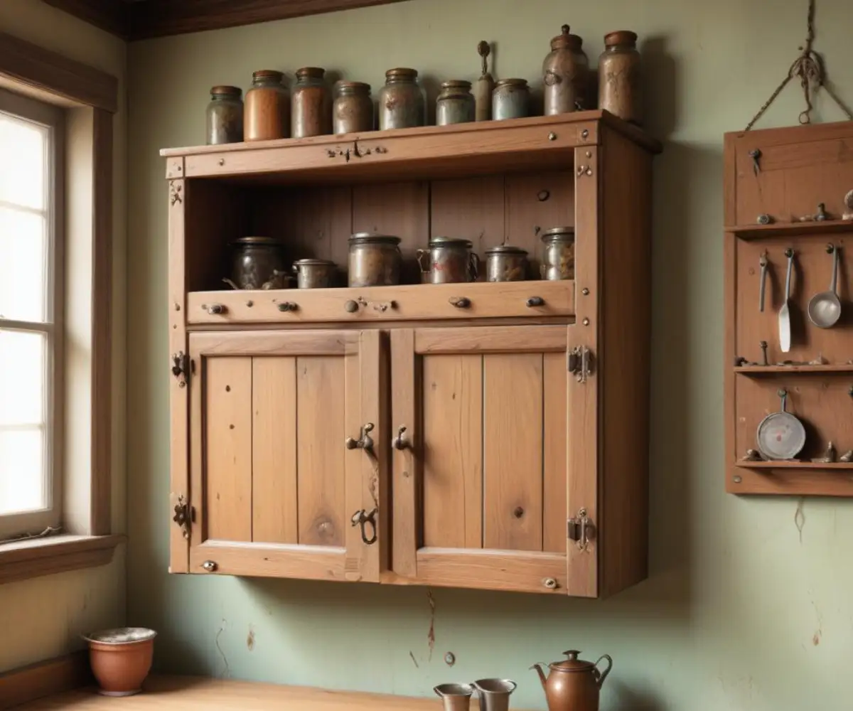 A wall-mounted kitchen cabinet partially detached from a drywall surface, showing exposed screws and anchors.