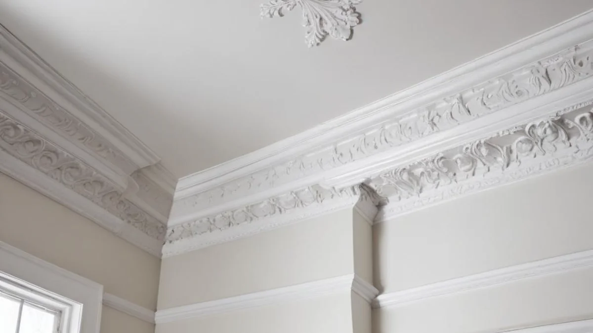 A visible gap between ornate white crown molding and a ceiling.