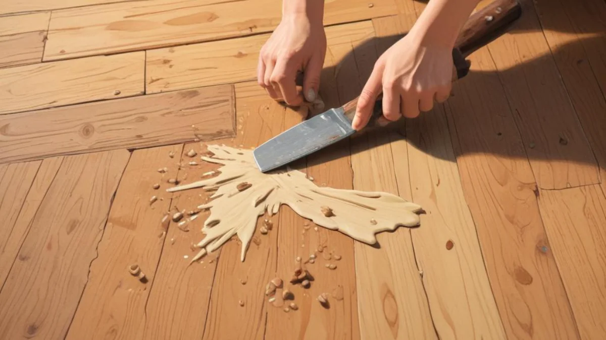 A putty knife applying wood filler to a small dent on an engineered wood floor.