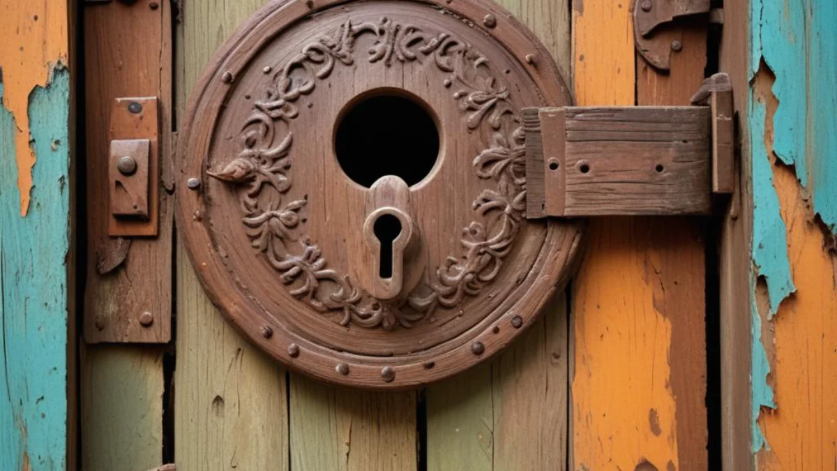 Close-up of a deteriorated wooden door with a splintered and enlarged lock hole.