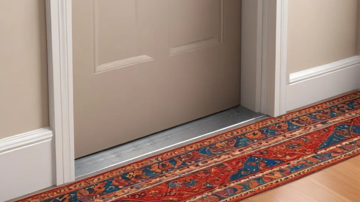 A metal transition strip neatly securing a carpet edge in a doorway.