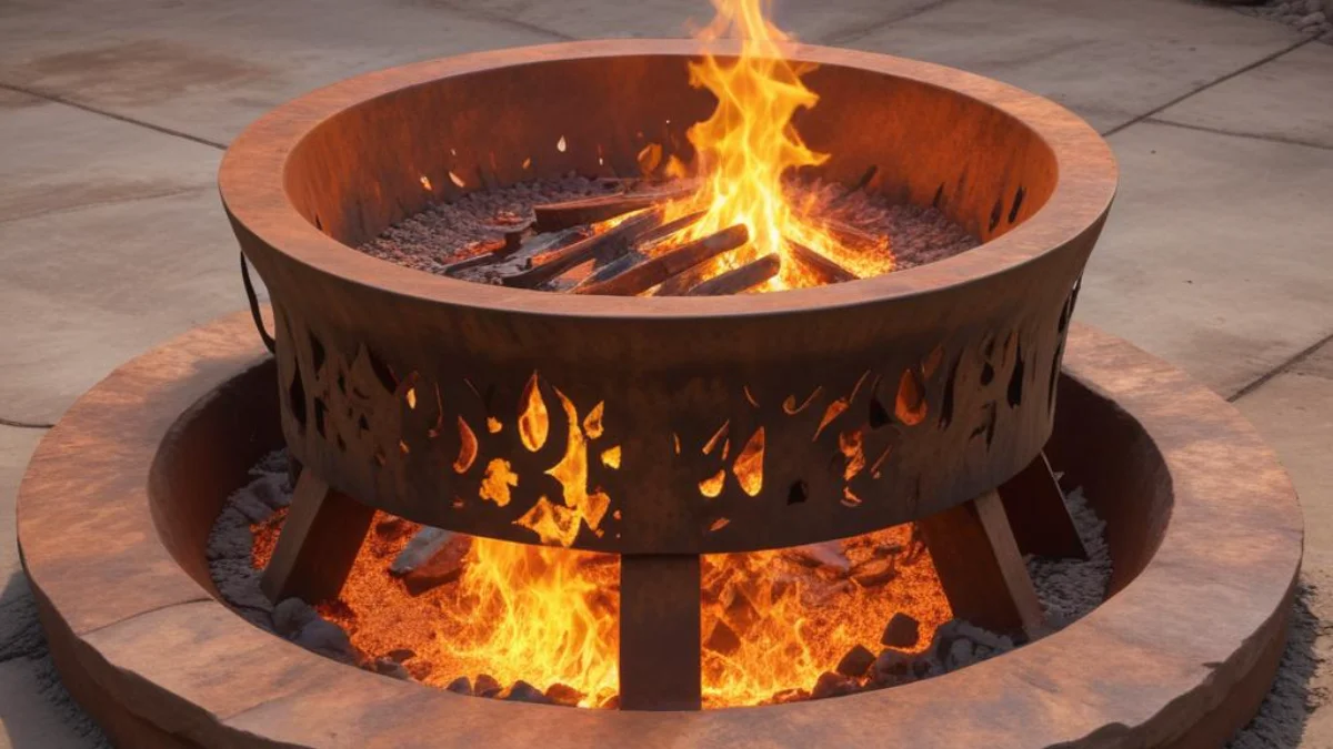 Rusty metal fire pit with a gaping hole in the ashen bottom basin.