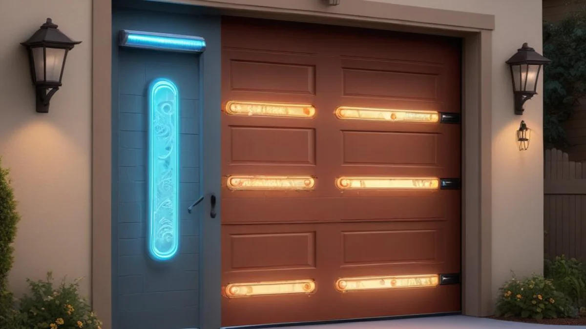 Garage door safety sensor with a glowing LED indicator light mounted to the track.