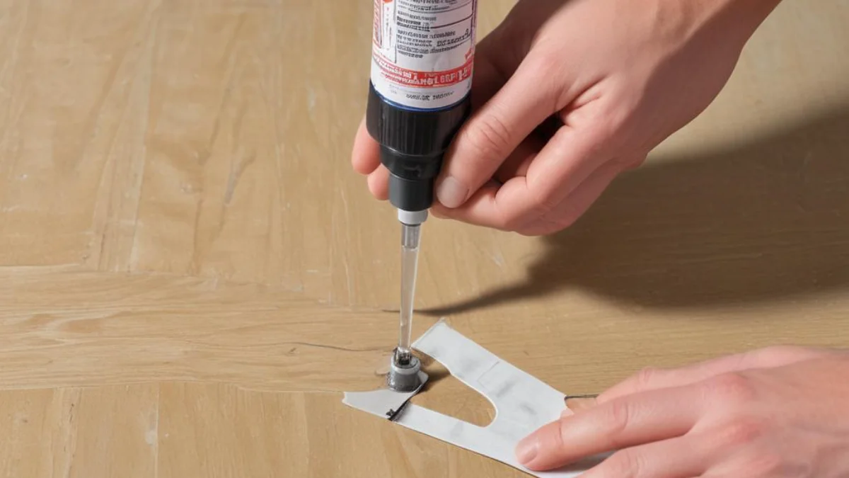 A flooring repair syringe injecting adhesive into a small hole on a vinyl plank to fix a soft spot.