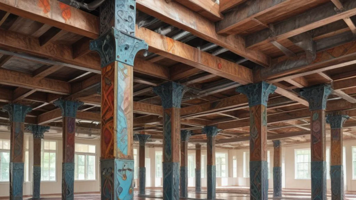 Exposed floor joists with adjustable steel support columns installed to level a sagging second-floor structure.