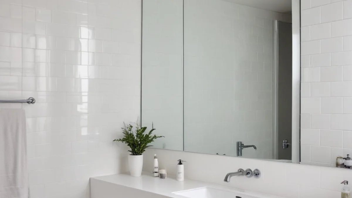 A large frameless mirror mounted flush against a white tiled bathroom wall.