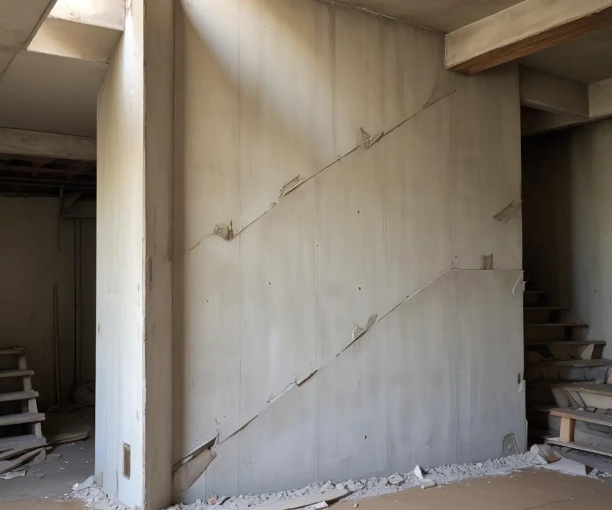 A stack of drywall sheets leaning against the unfinished concrete wall of a basement near a staircase.