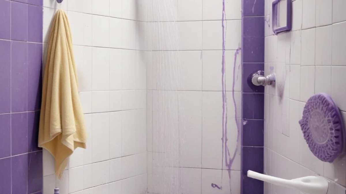 A white tile shower with faint purple stains being gently scrubbed with a cleaning brush and a natural, non-toxic cleaning solution.