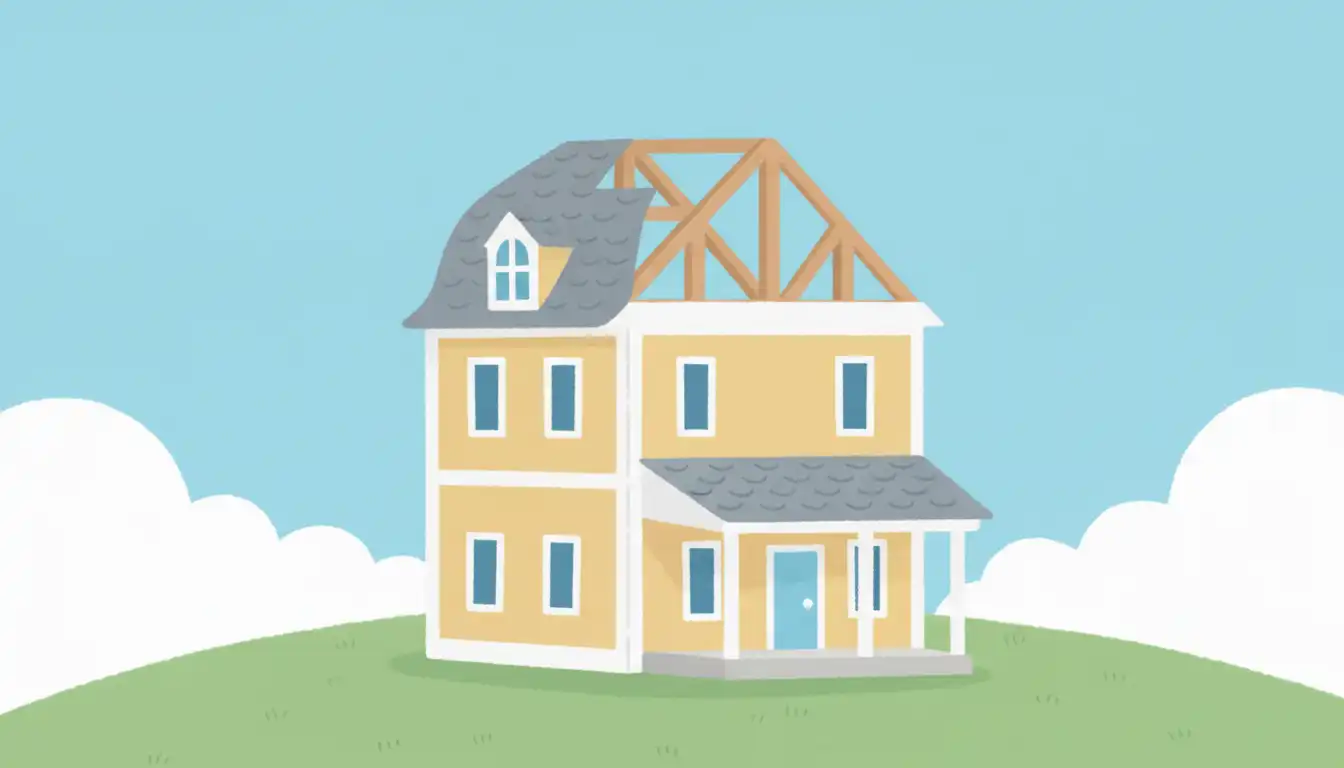 A two-story house with a partially removed mansard roof, exposing the underlying framing under a clear blue sky.