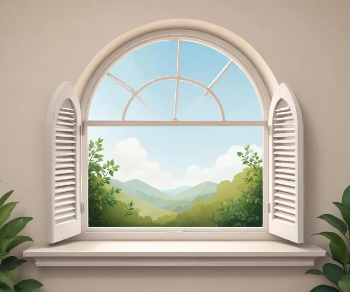 An arched half-moon window with a custom-fit white plantation shutter covering it.