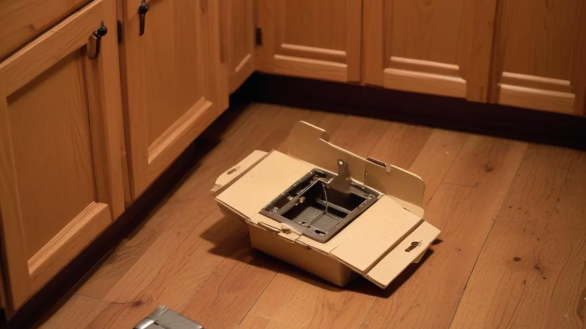 Wooden snap trap baited and set on the floor in the dark space behind a kitchen cabinet.
