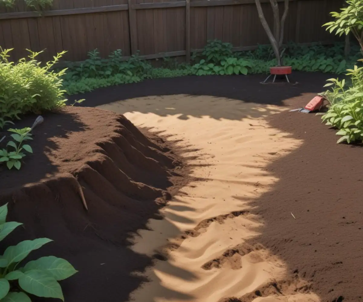 A layer of rich, dark topsoil being raked over a patch of sandy ground in a backyard.