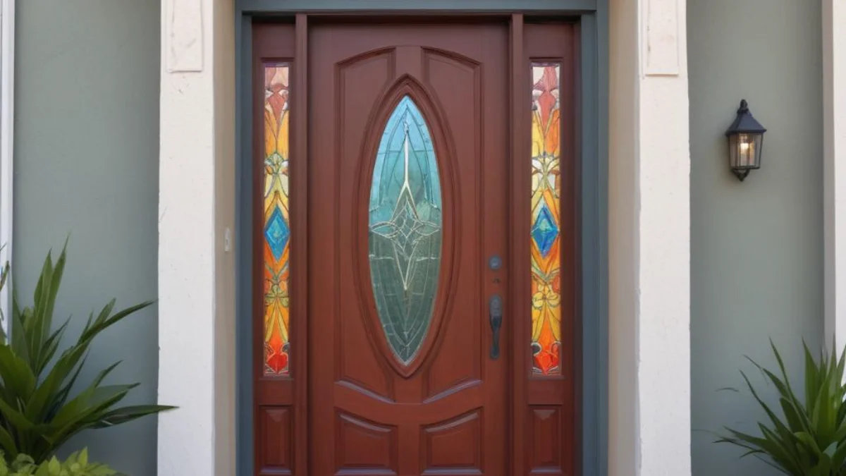 Modern front door with sidelights framed in and drywalled over to create a solid entryway.