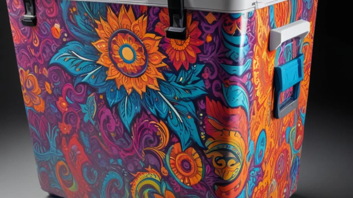 A glossy vinyl decal being carefully smoothed over the bumpy, textured surface of a hard plastic cooler.
