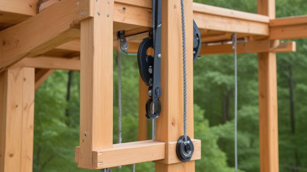 Zipline pulley and counterweight return mechanism attached to a wooden support structure.