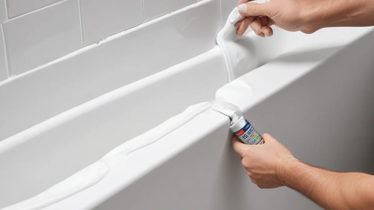 A bead of white silicone caulk being applied to the join of a bathtub and new plastic trim.